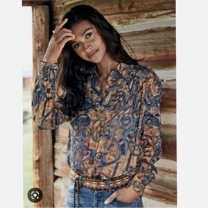 Peruvian Connection Blouse Medium Blue and Gray Swirl Shirt Top